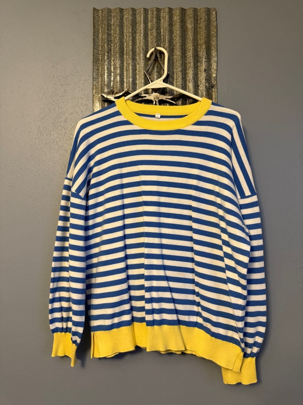 Blue & White Striped women’s Sweater with Yellow Trim